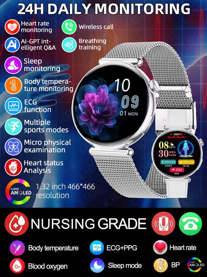 LIGE Smartwatch für Damen in Silber mit AI-Diagnose für Lipidwerte, Harnsäure und Menstruations-Gesundheitstracker sowie Herzfrequenzmessung - Bild 6