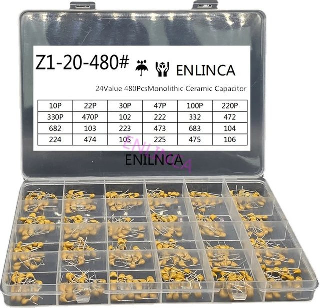 ENLINCA Keramikkondensator Sortiment-Kit mit 20 Sets à 24 Werten, 10 pF bis 10 uF, monolithische Keramikkondensatoren - Bild 1