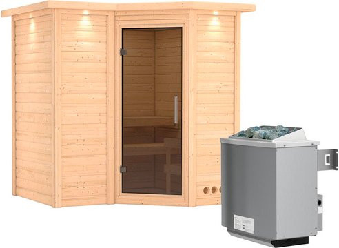 Karibu Sauna Riga 1 aus Fichtenholz mit 9 kW Saunaofen und integrierter Steuerung für 3 Personen, Farbe: beige/grau, B/T/H: 221 x 198 x 212 cm - Bild 1