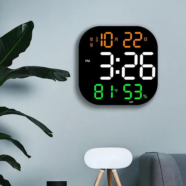 WOKLOK 13 Zoll LED Digitale Wanduhr mit Fernbedienung, Temperatur und Luftfeuchtigkeit, Woche, Auto Dimmer, Wecker, Schwarz und Grün - Bild 1