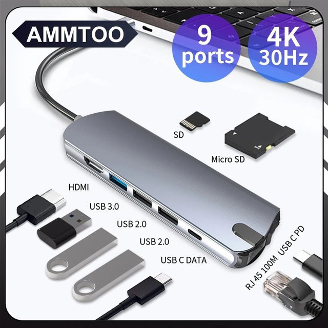 Ammtoo 9-in-1 USB-C Dockingstation mit HDMI 4K, RJ45 Ethernet, PD 100W und SD/TF-Steckplätzen für MacBook und Laptop - Bild 1