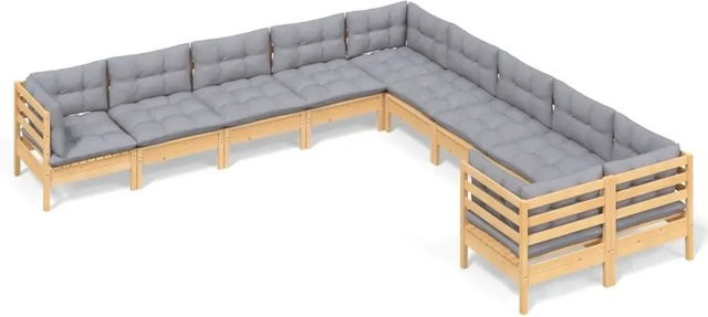 vidaXL 10-tlg. Garten-Lounge-Set aus massivem Kiefernholz mit grauen Polstern in L-Form - Bild 1