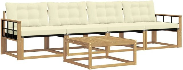 vidaXL Outdoor-Sofagarnitur aus Akazienholz mit Textilene-Bezug und Kissen, 5-teiliges Set in Weiß und Beige, B/T/H: 79 x 79 x 37 cm - Bild 1