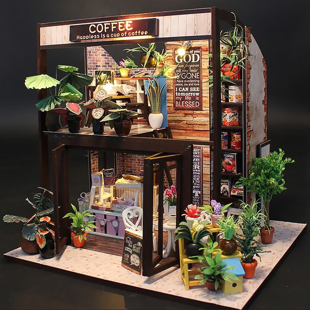zuuton Miniatur-DIY-Puppenhaus aus Holz mit Möbeln und Werkzeug, kreatives Set Zeit des Kaffees in Natur und Mehrfarbig - Bild 1