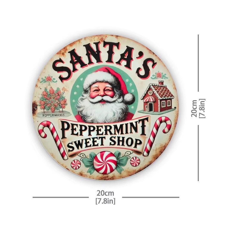 Potdemiel Vintage Santa's Mint Candy Shop Metallschild Weihnachts-Wanddekoration rund, Mehrfarbig, Durchmesser: 20 cm - Bild 2