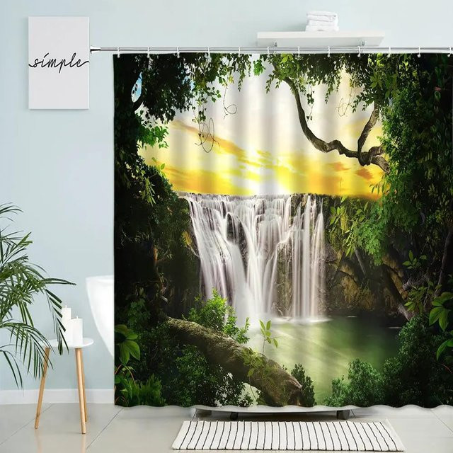 Wasserdichter Duschvorhang Tropischer Dschungel mit Wasserfall und Palmblatt Motiv von Household supplies MH, Farbe Grün/Mehrfarbig, B: 90 cm, H: 180 cm - Bild 1