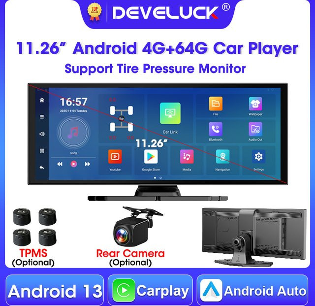 Develuck Android 13 Auto Multimedia Player mit 11,26 Zoll Display, 4G, 64G, Carplay, Android Auto, 5G WIFI, Airplay, Youtube und Netflix, Schwarz - Bild 1