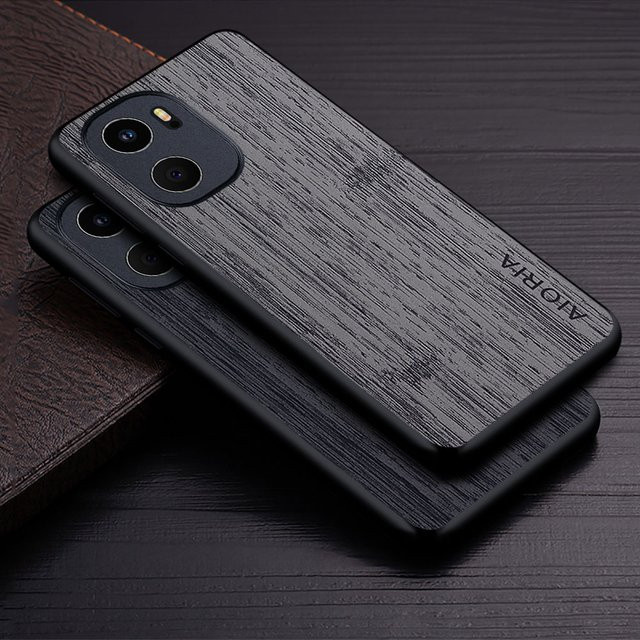 Luxus Handyhülle aus Leder mit Bambus-Holzmuster für OnePlus 15 und OnePlus 15R ACE 6 in Braun und Schwarz - Bild 1