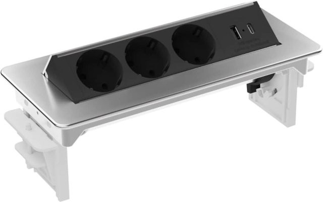 Kalb Voltaris 3er Flipup-Mehrfachsteckdose mit USB-A und USB-C in Weiß und Silber als Einbauleiste für Möbel - Bild 1