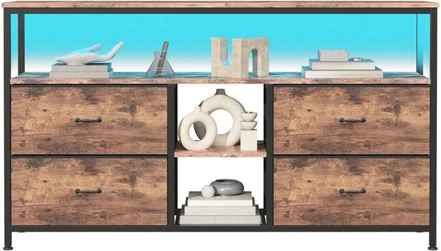 PXloue TV Lowboard TV-Schrank mit 4 Stoffschubladen und verstellbarer LED in Braun, B/T/H: 108 x 30 x 78 cm - Bild 1
