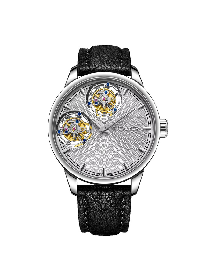 HEAIMER Armbanduhr Doppel-Tourbillon, Edelstahl, Silber, Leder, Herren - Bild 3
