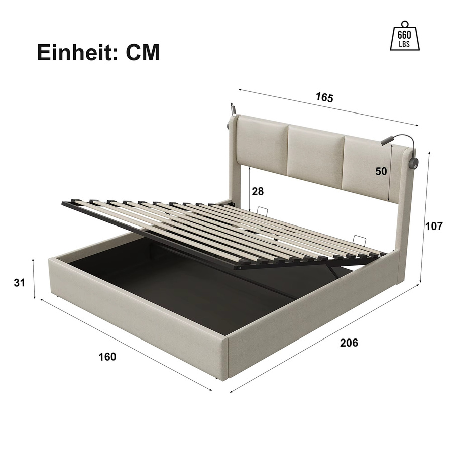 MEXUS Polsterbett für Teenager mit Stauraum und integrierter Leselampe in Beige, B/T: 160 x 200 cm - Bild 2