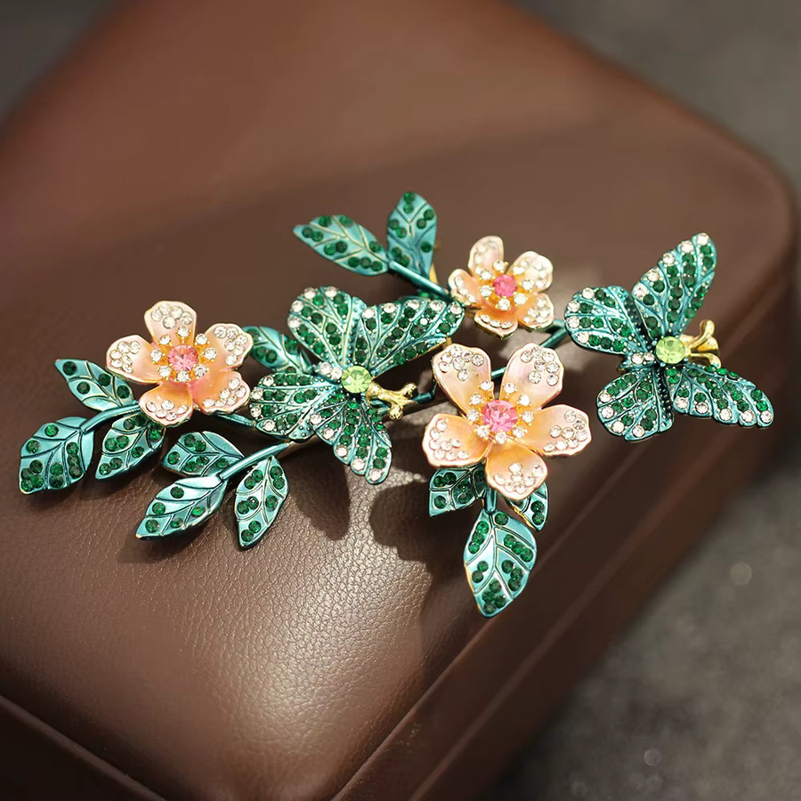 SKEDS Brosche, Rosa Blume und grüner Schmetterling, Kristall, Damen - Bild 3