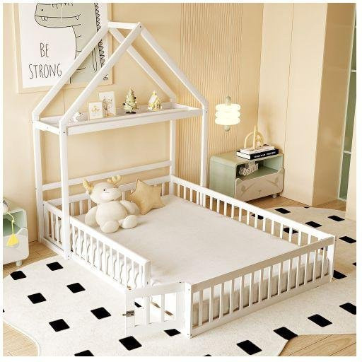 MUVOE Babybett im Haus-Design aus Massivholz mit Stauraum und Seitengittern, Weiß, B/T/H: 140 x 200 cm - Bild 1