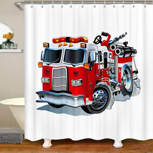Wasserdichter 3D-Duschvorhang mit Feuerwehr-Motiv von A Family Of Home Textiles in Rot und Weiß, Breite: 120 cm, Höhe: 180 cm - Bild 1