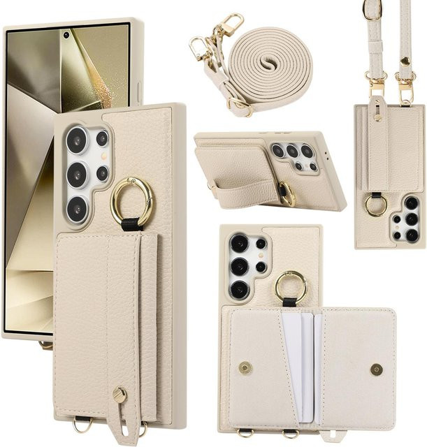 Beige Crossbody-Geldbörse mit Kartenhalter und Handyhülle für Samsung Galaxy S23, Lederhülle mit Umhängeband und Handschlaufe - Bild 1