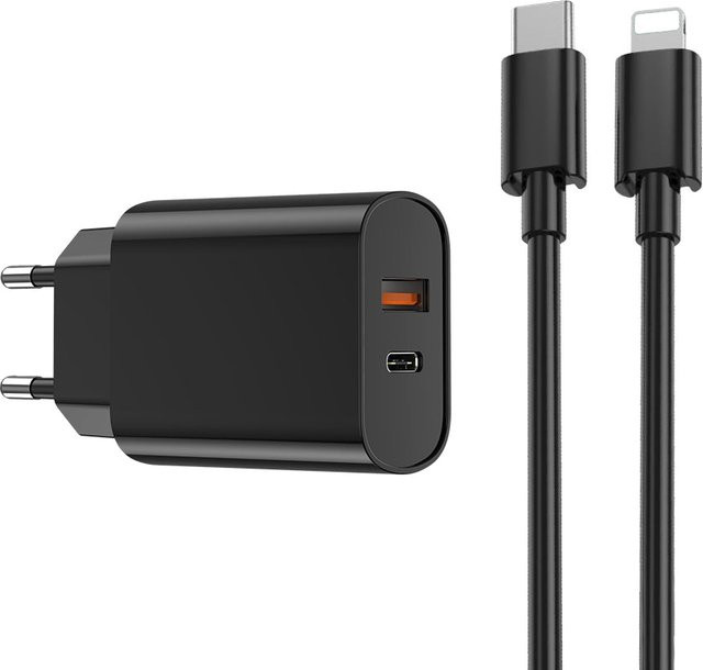 WiWu Netzladegerät Wi-U002 mit Lightning-Kabel, 20W, 3A, 1 x USB-A und 1 x USB-C, Schwarz - Bild 1