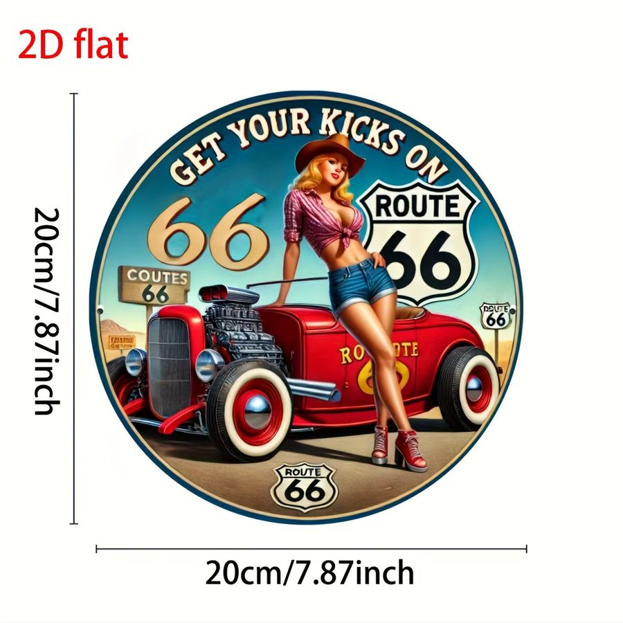 Vintage Route 66 Aluminium-Wandschild von CIFBUY mit Auto und roten Rosen, B/B/B: 20,3 x 20,3 x 0,1 cm - Bild 3
