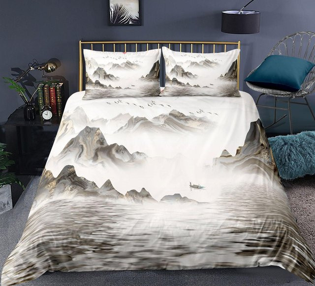 JMG Household Supplies Landschaftsmalerei Bettwäscheset mit Tusche-Design, Weiß, B/H: 70 x 133 cm - Bild 1