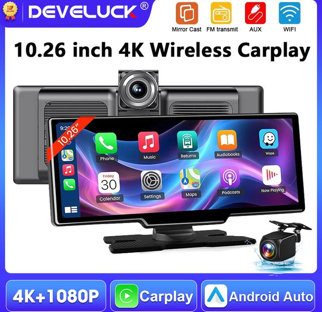 Develuck 10,26 Zoll Auto-Monitor mit 4K Kamera, Drahtloses CarPlay und Android Auto, Dashcam DVR Videorekorder mit Bluetooth und AUX, Schwarz - Bild 1