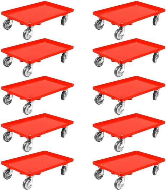 PROREGAL SparSet 10x Transportroller für Euroboxen in Rot mit Gummirädern und geschlossenem Deck, Traglast 300 kg, B/T: 60 x 40 cm - Bild 1
