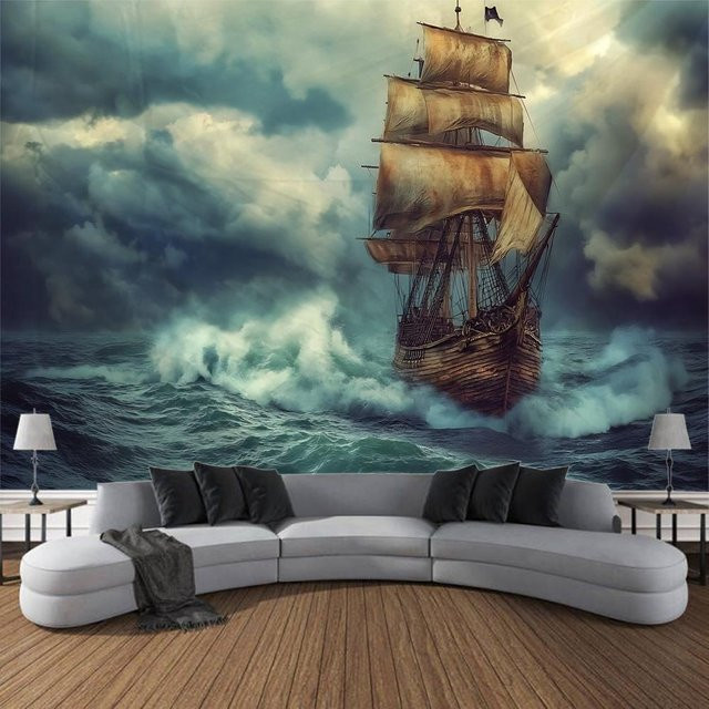 Retro Piratenschiff Wandteppich mit Navigationslandschaft von JMG Household Supplies, Boho Kunst Wandbehang in Multicolour, Breite: 70 cm, Breite: 100 cm - Bild 1