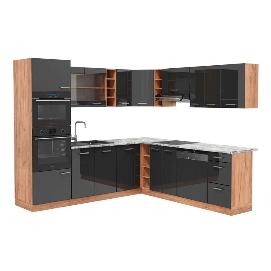 Vicco R-Line Eckküche in Anthrazit Hochglanz und Goldkraft Eiche mit Marmor-Optik, B/T/H: 237 x 247 x 81,6 cm - Bild 2