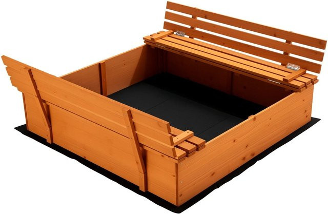 Wiltec Sandkasten aus Holz mit Deckel und 2 Sitzbänken in Natur/Braun, B/T/H: 98 x 98 x 21 cm - Bild 1