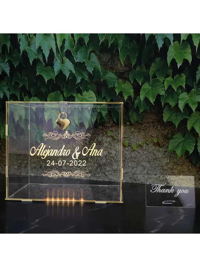 Personalisierte Kartenbox für Hochzeit und besondere Anlässe aus transparentem Acryl mit Schloss und Schild - Bild 2