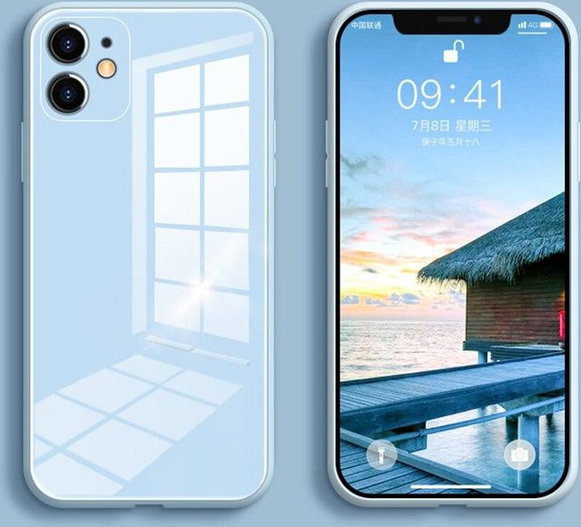 Silikonhülle mit gehärtetem Glas für iPhone 13, 12 Pro, 11 Pro Max, XS Max, XR, X, SE 2, 8, 7 Plus in Blau/Grau - Bild 1