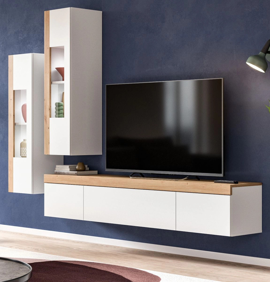 Inn.Furn Wohnwand 3-teilig Siena in Weiß und Eiche mit Displayvitrine und Lowboard, Breite: 270 cm - Bild 1