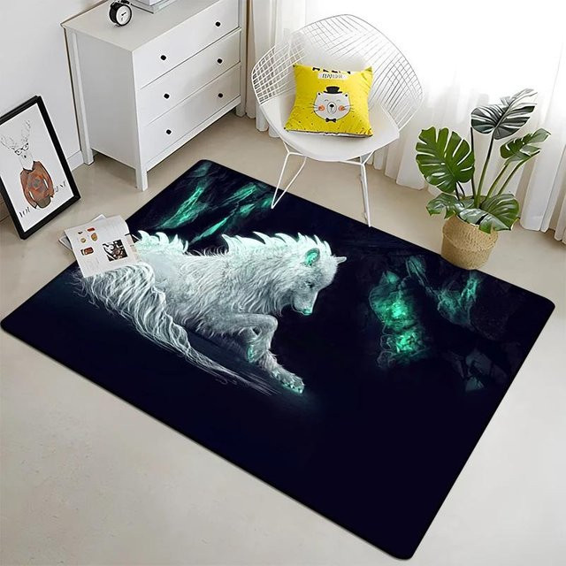 Karpetti Teppich mit Wolf und Mond Muster in Schwarz, rutschfest und waschbar, B/T: 60 x 40 cm - Bild 1