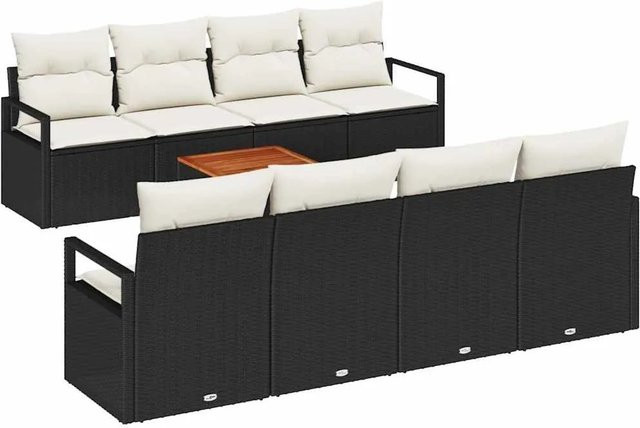 vidaXL Garten-Sofa-Set aus Polyrattan und Akazienholz, 9-teilig, Schwarz und Beige, inklusive Kissen und Couchtisch - Bild 1