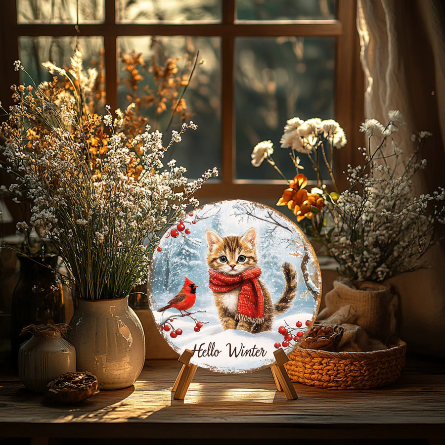 Vintage Wandkunstschild aus Aluminium von Potdemiel mit Weihnachtskatze und Kardinal, runde Winterszene, Mehrfarbig, Durchmesser: 20,32 cm - Bild 5
