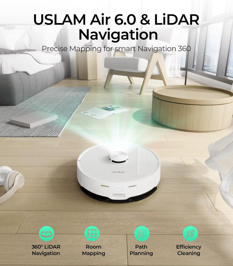 Redkey R10 Roboter-Staubsauger mit All-in-One-Ladestation, 4000Pa Saugkraft, LiDAR-Navigation und Akkulaufzeit von 180 Minuten in Weiß - Bild 2