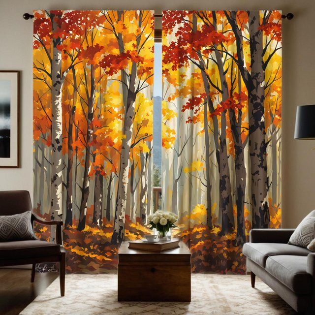 2er-Set dekorative Bindegardinen mit Herbstwald-Ahorn-Print in Gelb, digital bedruckte Vorhänge für Wohnzimmer und Schlafzimmer, B: 132 cm, H: 213 cm - Bild 1