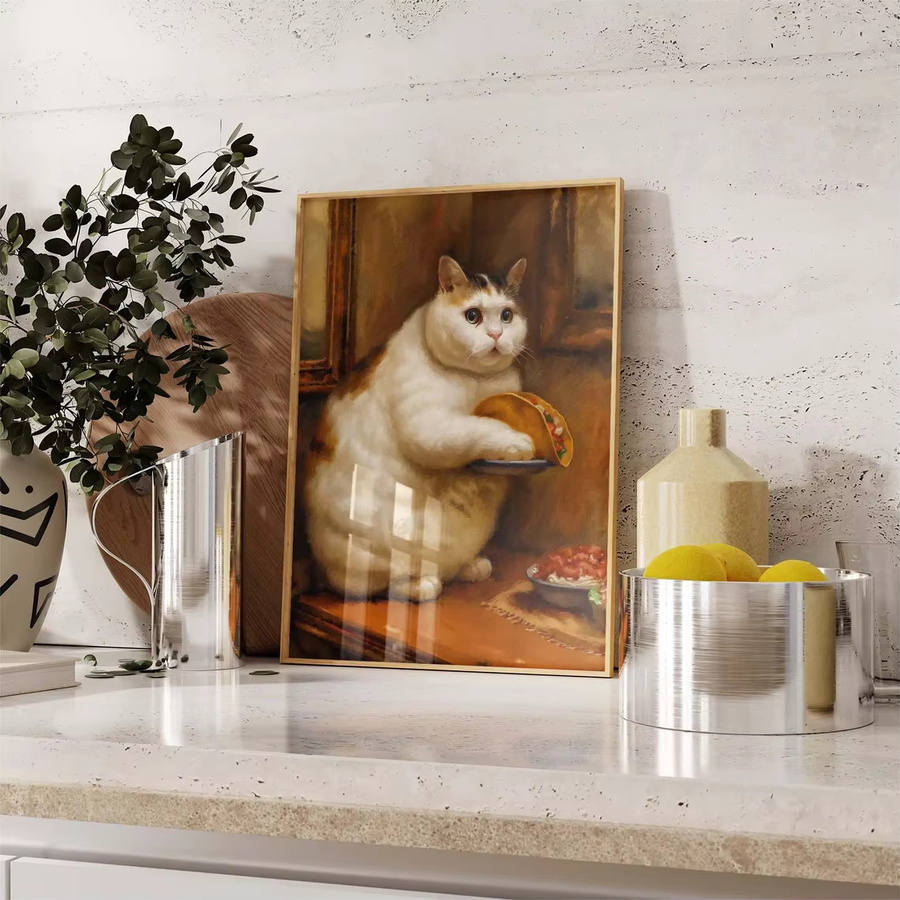 Vintage Wandposter SHENCHEN mit lustiger Katze und Tacos in Mehrfarbig - Bild 5