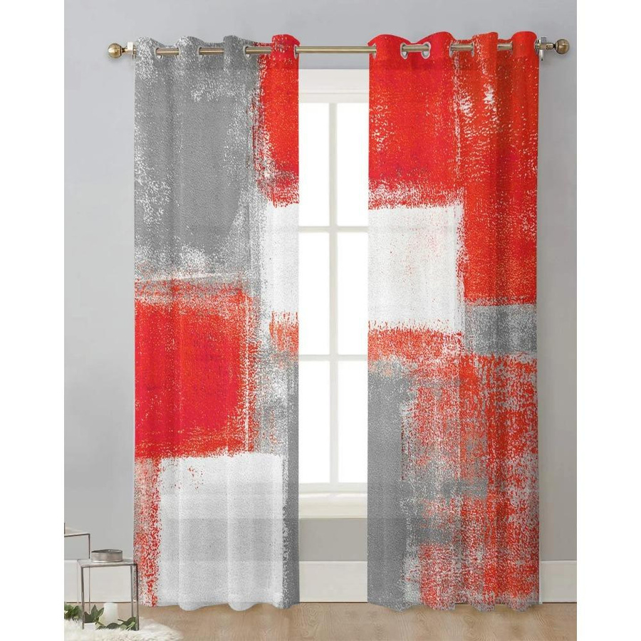 Yiran Furniture Transparenter Tüll-Vorhang mit abstraktem geometrischem Ölgemälde-Design in Rot, Grau und Weiß, Breite: 135 cm, Höhe: 115 cm - Bild 2