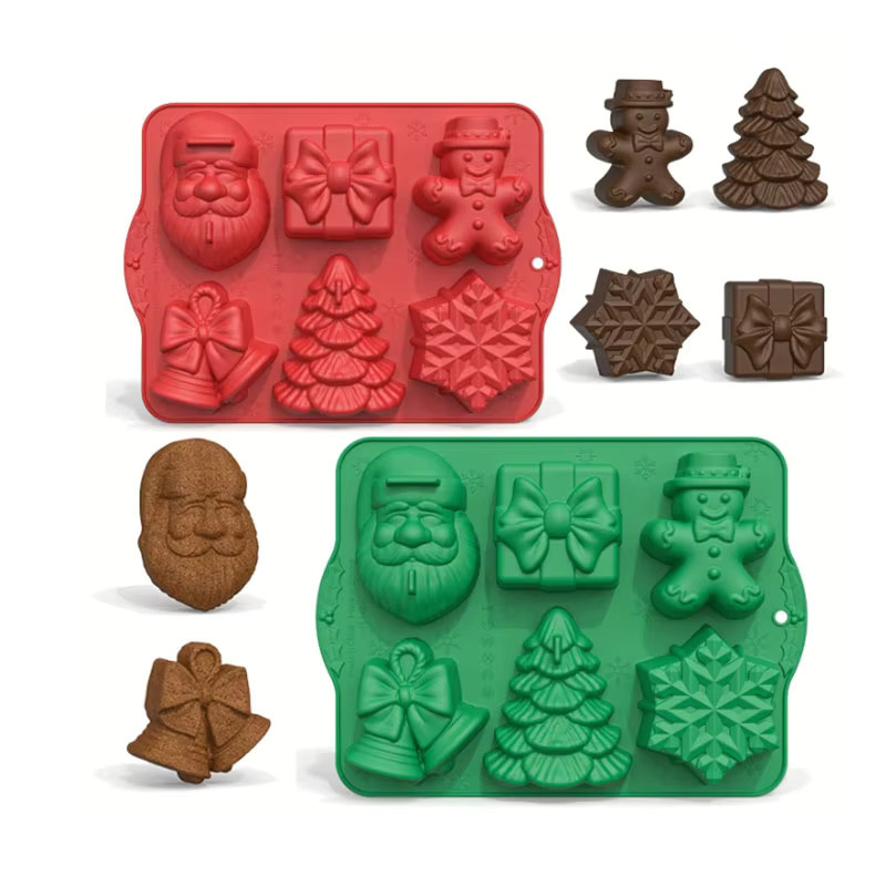 Silikon-Backformen-Set für Weihnachten mit Motiven wie Weihnachtsmann, Baum und Schneeflocke in den Farben Braun und Rot für Kekse, Schokolade und Candy DIY - Bild 2