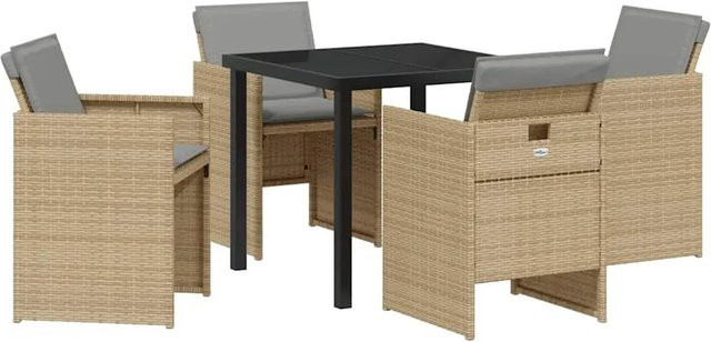 vidaXL Garten Essgruppe 5-teilig aus Poly-Rattan und Glas in Beige, Tisch und 4 Stühle für Terrasse und Garten, B/T/H: 80 x 80 x 73 cm - Bild 1