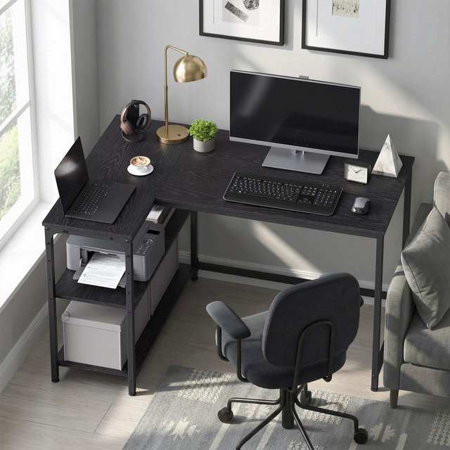 VASAGLE Eckschreibtisch in L-Form in Schwarz, moderner Computertisch mit Stauraum und höhenverstellbarer Ablage für dein Homeoffice - Bild 1