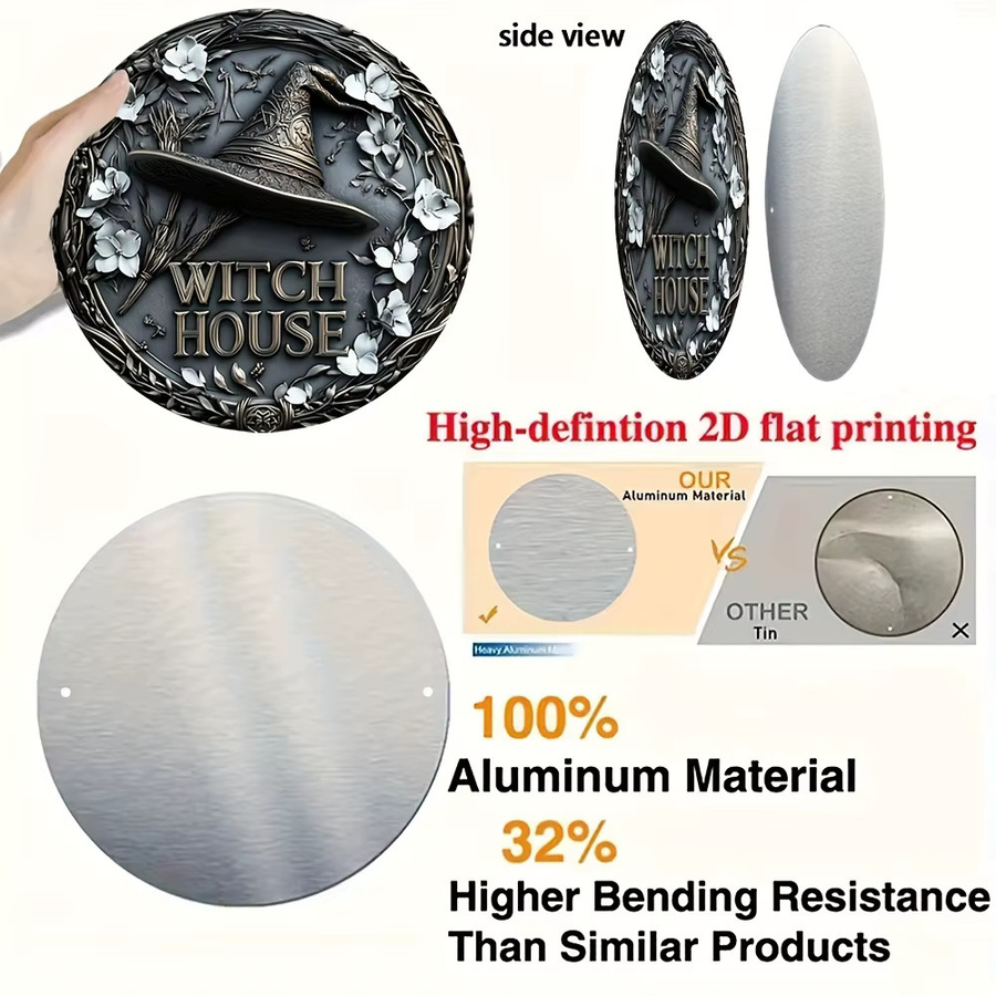 Potdemiel Hexenhaus Metallwandkunst Rundes Aluminiumschild mit Hexenhut, Blumen und Mond im Vintage-Stil, Durchmesser: 20 cm - Bild 6
