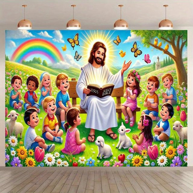 JMG Household Supplies Wandteppich Jesus Bibelgeschichte mit Regenbogen und Schmetterlingen, Mehrfarbig, B: 70 cm, H: 100 cm - Bild 1