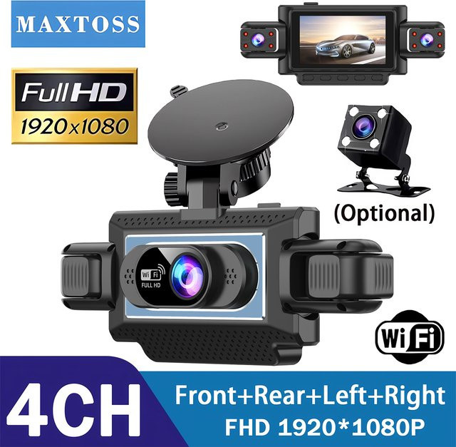 Maxtoss 4-Kanal Auto-DVR Dashcam mit 4 Linsen, UHD 1080P, 360° Rundum-Überwachung und WLAN, Schwarz - Bild 1