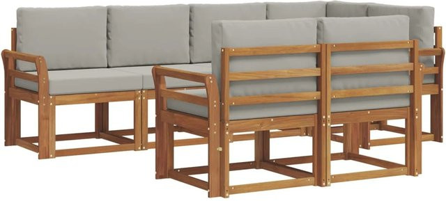 vidaXL Outdoor-Sofagarnitur 7-teilig aus Akazienholz in L-Form mit Kissen, Grau und Natur - Bild 1