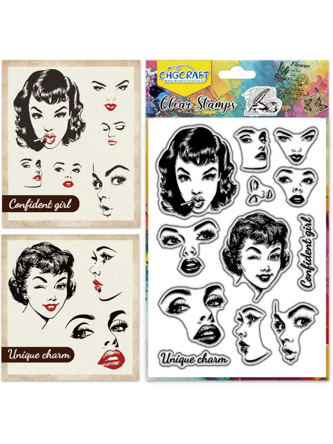 Transparenter Stempel mit weiblichen Gesichtsausdrücken im Retro-Stil für die Kartenherstellung - Bild 7