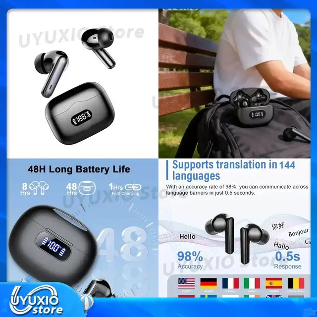 UYUXIO Echtzeit-Übersetzer-Ohrhörer mit KI-Sprachübersetzung, TWS Earbuds mit ENC Geräuschunterdrückung, 144 Sprachen und 8 Offline-Sprachen, Schwarz - Bild 1