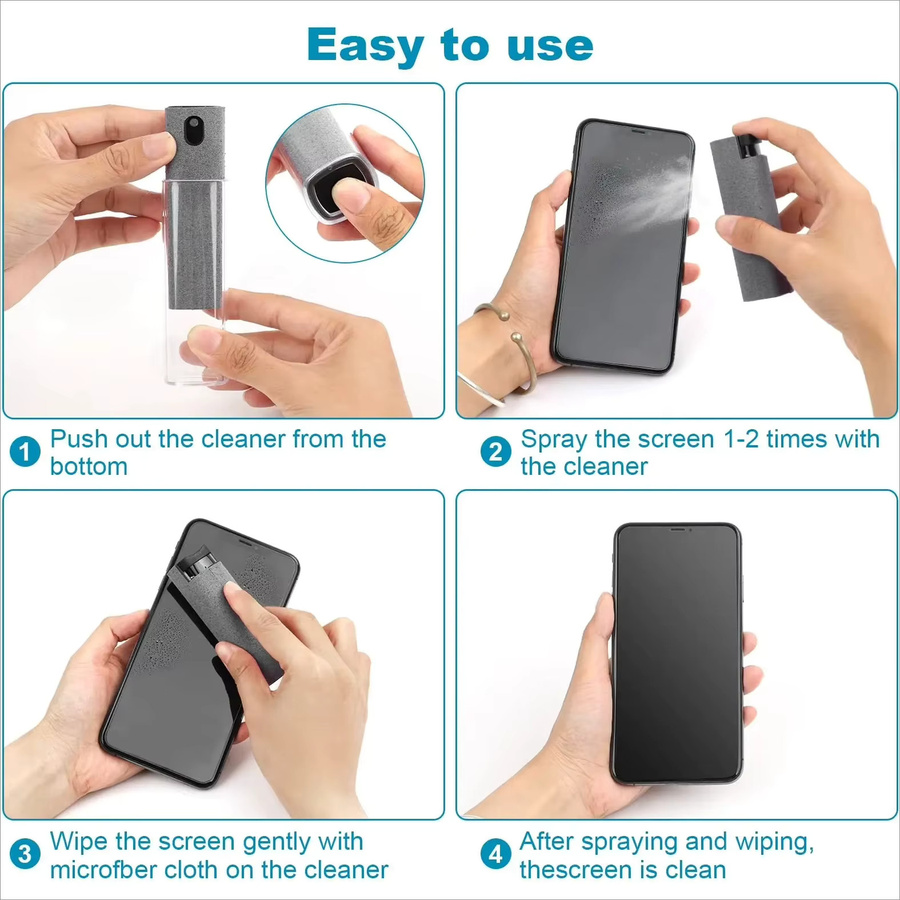 2-in-1 Bildschirmreiniger-Set mit Sprühflasche und Mikrofasertuch in Grau für iPad, Smartphone und Computer zur Staubentfernung - Bild 5
