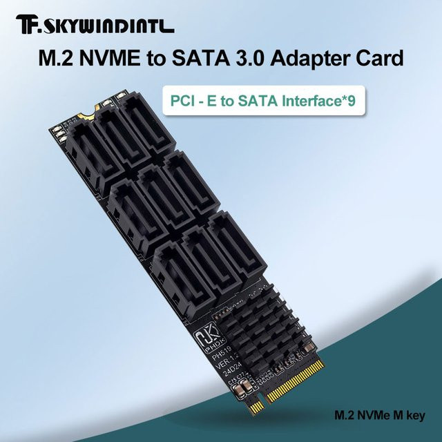 T.F.SKYWINDINTL M.2 M Key NVMe auf 9 Ports SATA 3.0 Adapter, PCIe 3.0 x2 Controller Card zur Festplattenkapazität-Erweiterung, Schwarz - Bild 1