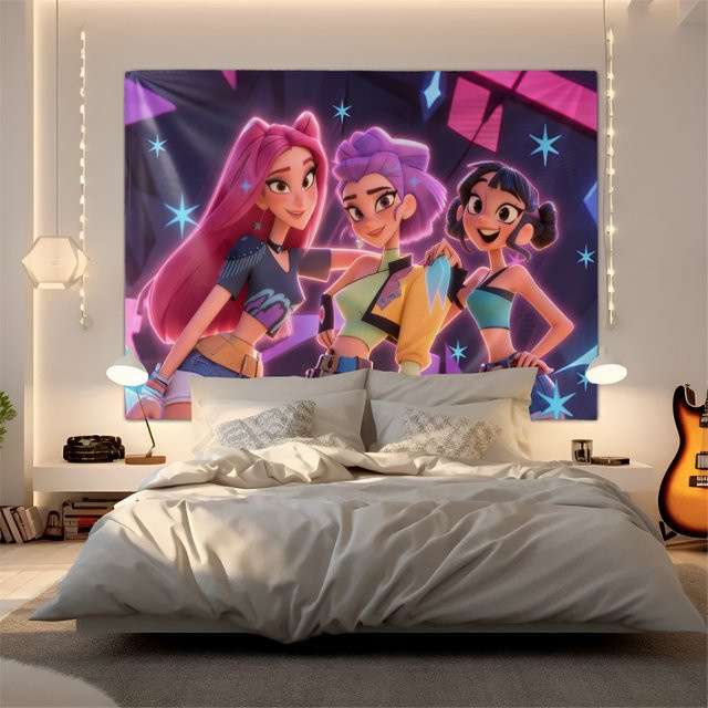 Hasbro Kpop Girl Group Wandteppich im Neon-Stil, Mehrfarbiger Wandbehang als ästhetische Raumdekoration, Breite: 150 cm, Höhe: 100 cm - Bild 1